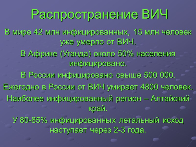 Распространение ВИЧ В мире 42 млн инфицированных, 15 млн человек уже умерло от ВИЧ.